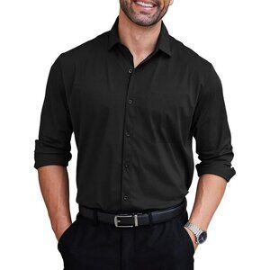 Black Men Long Sleeve Wrinkle Free Textured Button Down Business Dress Shirt
